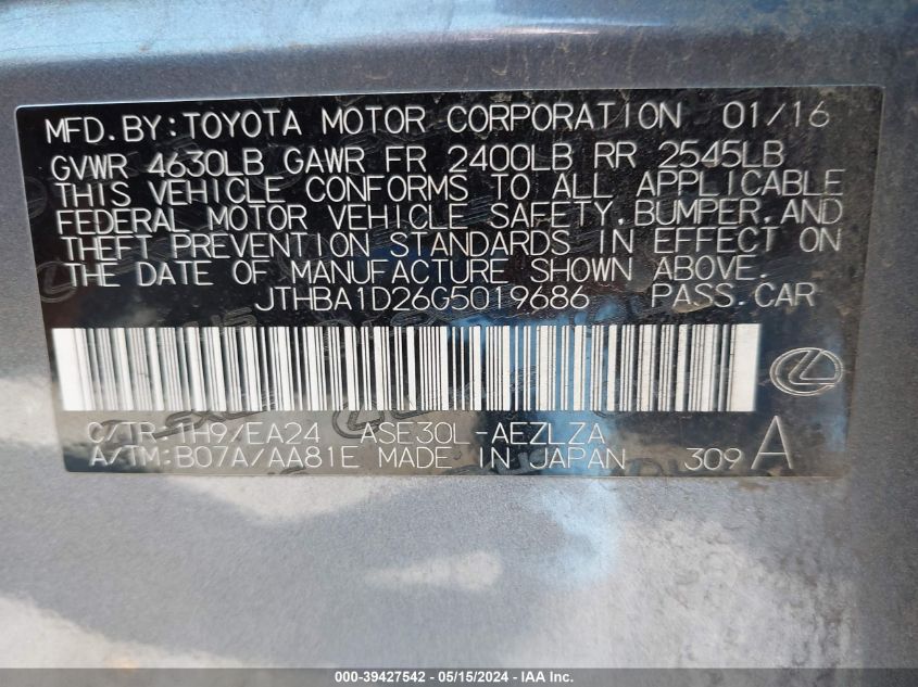 2016 Lexus Is 200T VIN: JTHBA1D26G5019686 Lot: 39427542