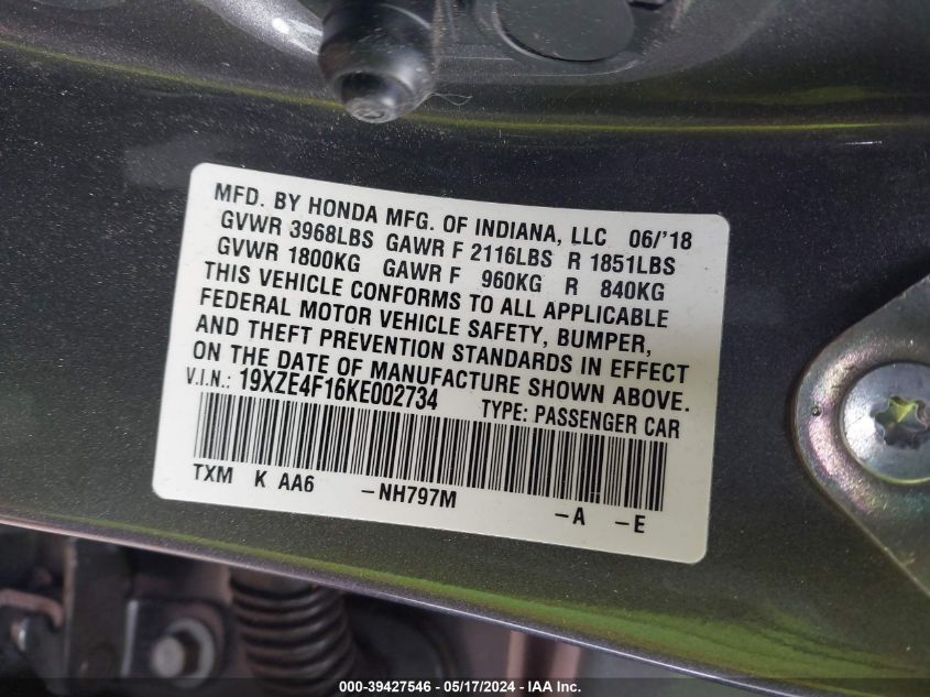 2019 Honda Insight Lx VIN: 19XZE4S16KE002734 Lot: 39427546