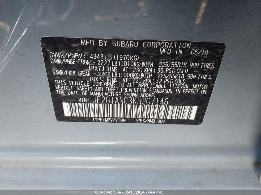 2019 Subaru Crosstrek Limited VIN: JF2GTANC3KH207146 Lot: 39427556