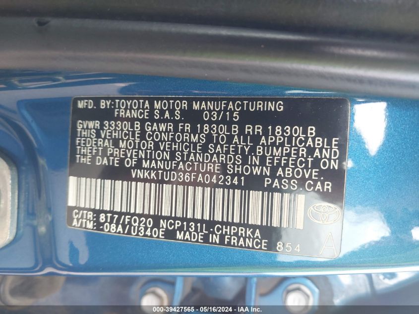 2015 Toyota Yaris VIN: VNKKTUD36FA042341 Lot: 39427565