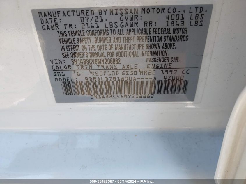 2021 Nissan Sentra Sv Xtronic Cvt VIN: 3N1AB8CV5MY308882 Lot: 39427567