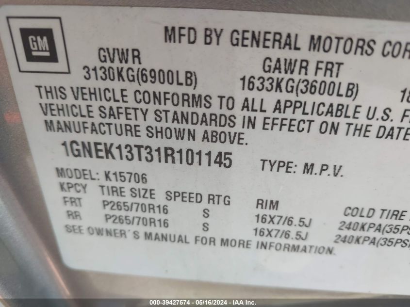 2001 Chevrolet Tahoe K1500 VIN: 1GNEK13T31R101145 Lot: 39427574