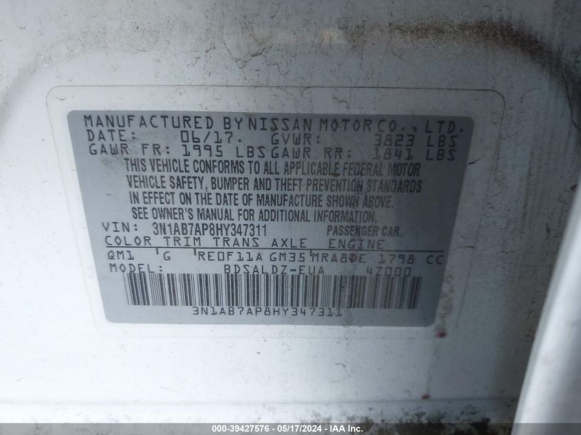 2017 Nissan Sentra Sv VIN: 3N1AB7AP8HY347311 Lot: 39427576