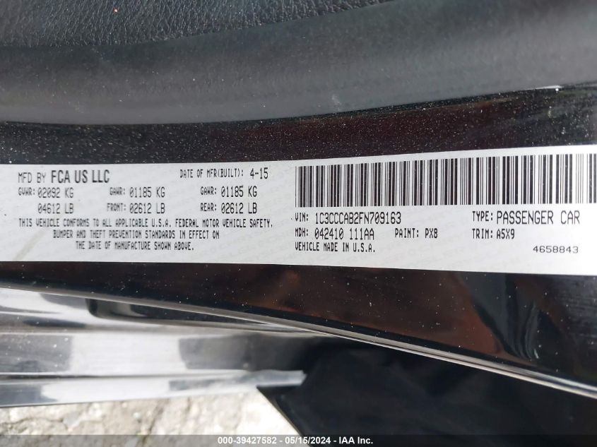 2015 Chrysler 200 Limited VIN: 1C3CCCAB2FN709163 Lot: 39427582