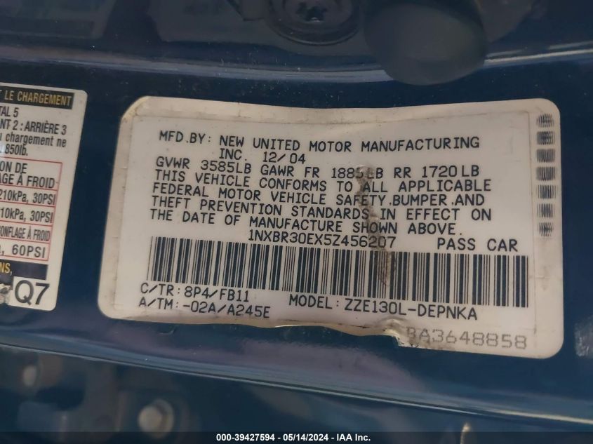 2005 Toyota Corolla Le VIN: 1NXBR30EX5Z456207 Lot: 39427594