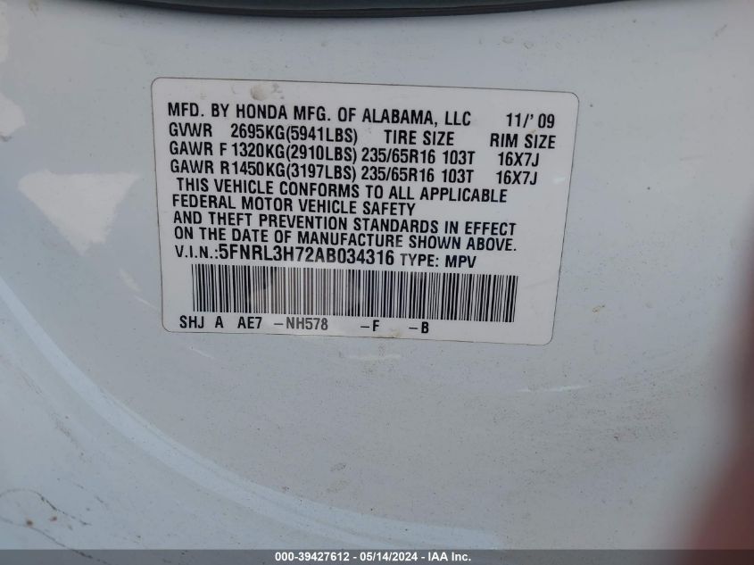 2010 Honda Odyssey Ex-L VIN: 5FNRL3H72AB034316 Lot: 39427612