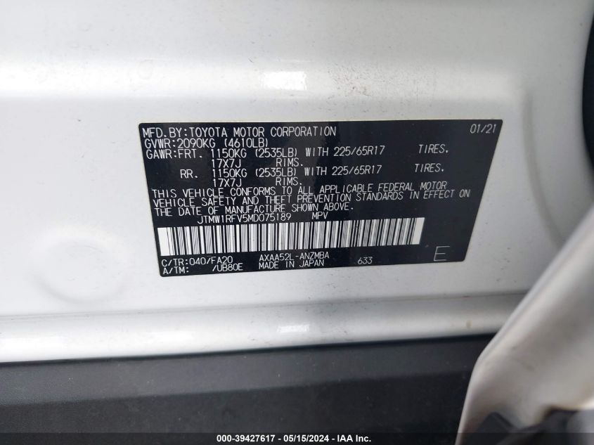 2021 Toyota Rav4 Xle VIN: JTMW1RFV5MD075189 Lot: 39427617