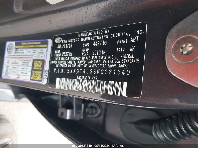 2019 Kia Optima S VIN: 5XXGT4L36KG281340 Lot: 39427619
