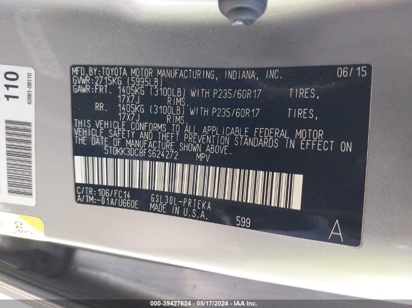 2015 Toyota Sienna Le 8 Passenger VIN: 5TDKK3DC8FS624272 Lot: 39427624
