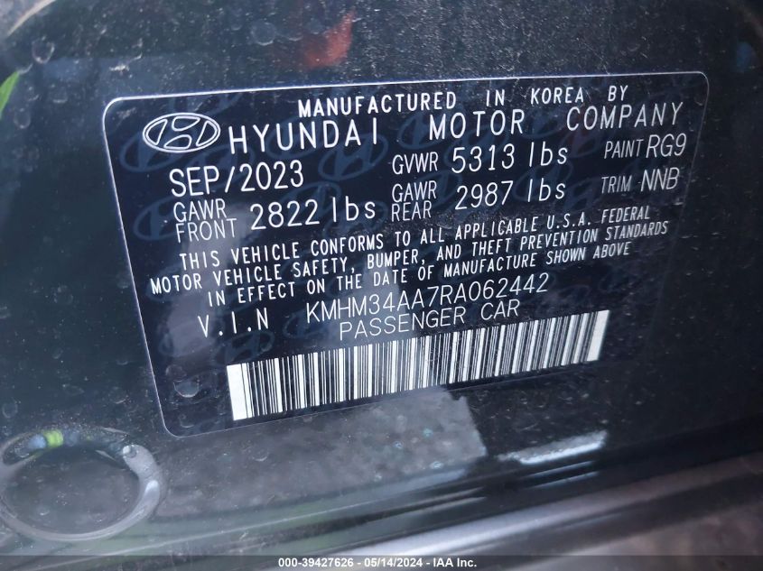 2024 Hyundai Ioniq 6 Sel VIN: KMHM34AA7RA062442 Lot: 39427626