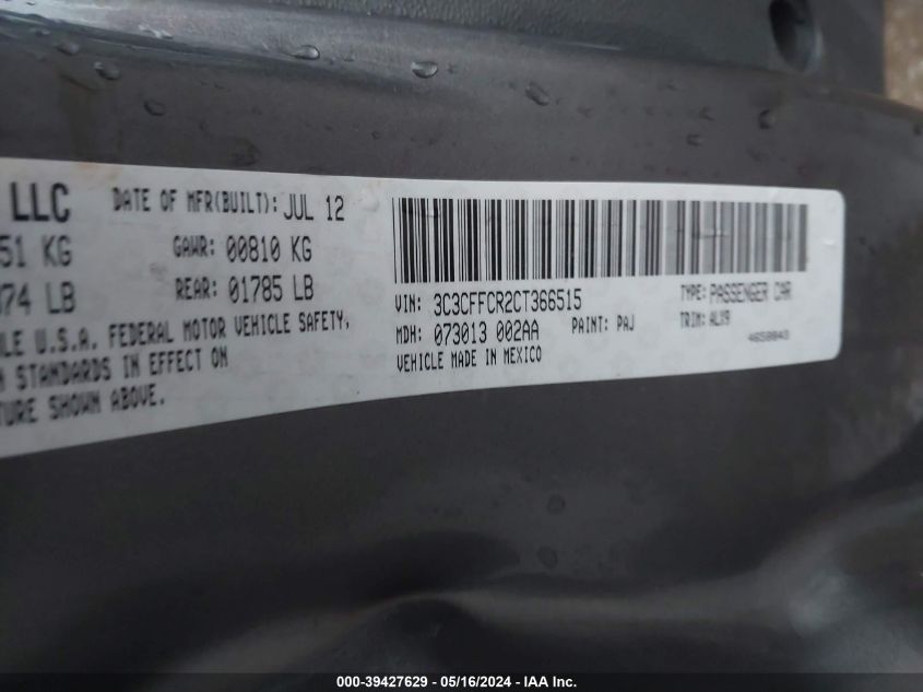 2012 Fiat 500 Lounge VIN: 3C3CFFCR2CT366515 Lot: 39427629