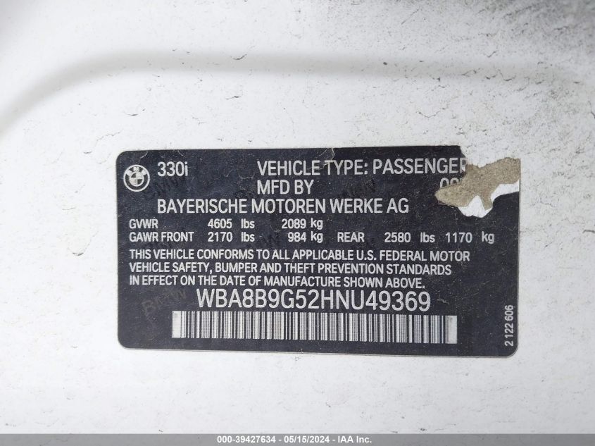 2017 BMW 330I VIN: WBA8B9G52HNU49369 Lot: 39427634