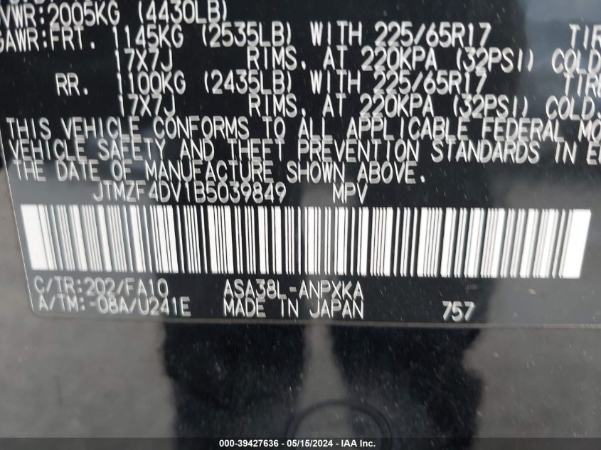 2011 Toyota Rav4 VIN: JTMZF4DV1B5039849 Lot: 39427636