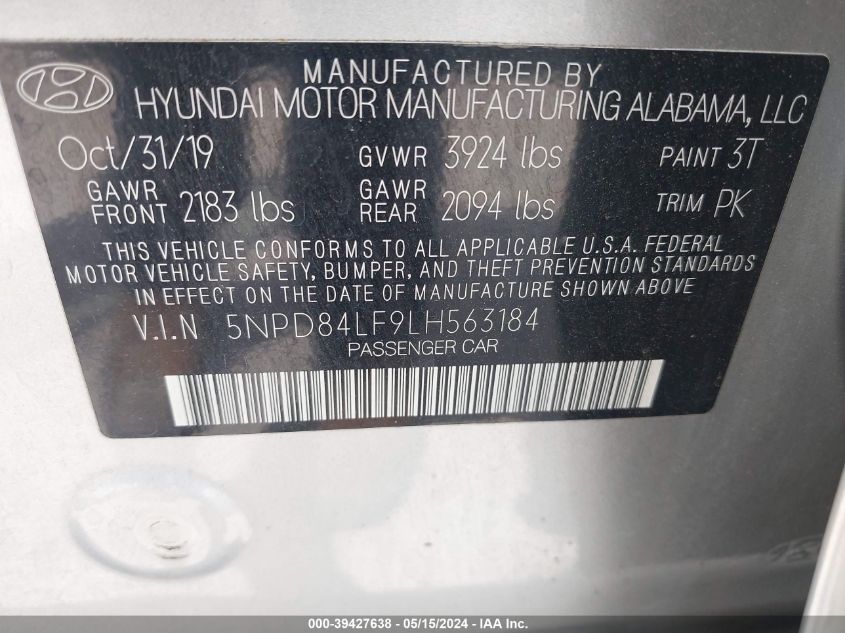 2020 Hyundai Elantra Sel VIN: 5NPD84LF9LH563184 Lot: 39427638