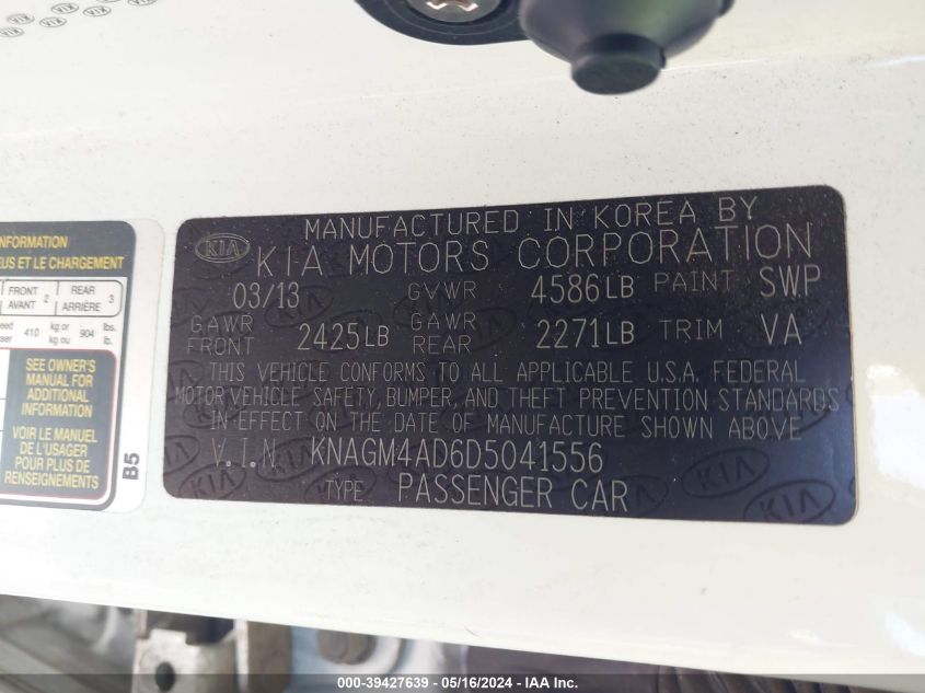 2013 Kia Optima Hybrid VIN: KNAGM4AD6D5041556 Lot: 39427639