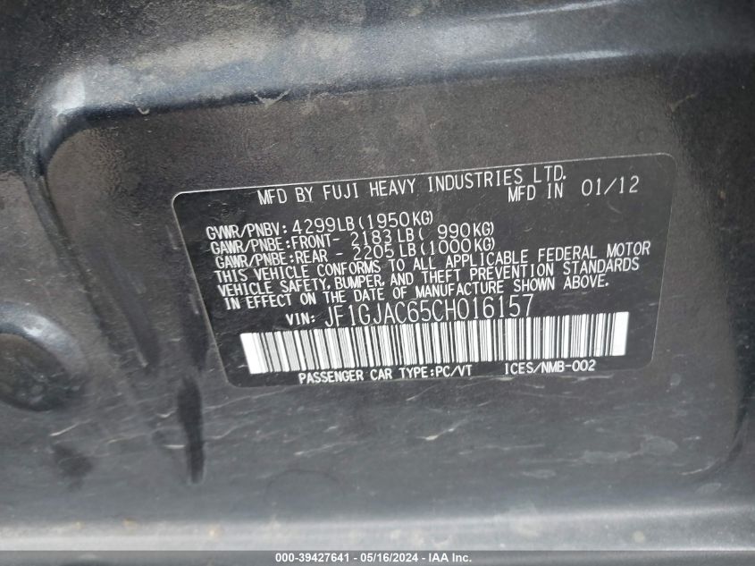 2012 Subaru Impreza 2.0I Premium VIN: JF1GJAC65CH016157 Lot: 39427641