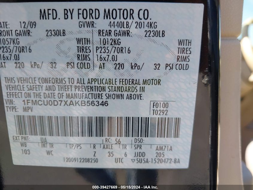 1FMCU0D7XAKB56346 2010 Ford Escape Xlt