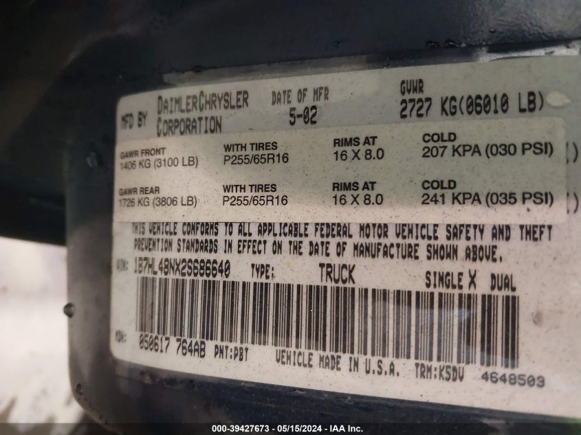 2002 Dodge Dakota Quad Slt VIN: 1B7HL48NX2S686640 Lot: 39427673