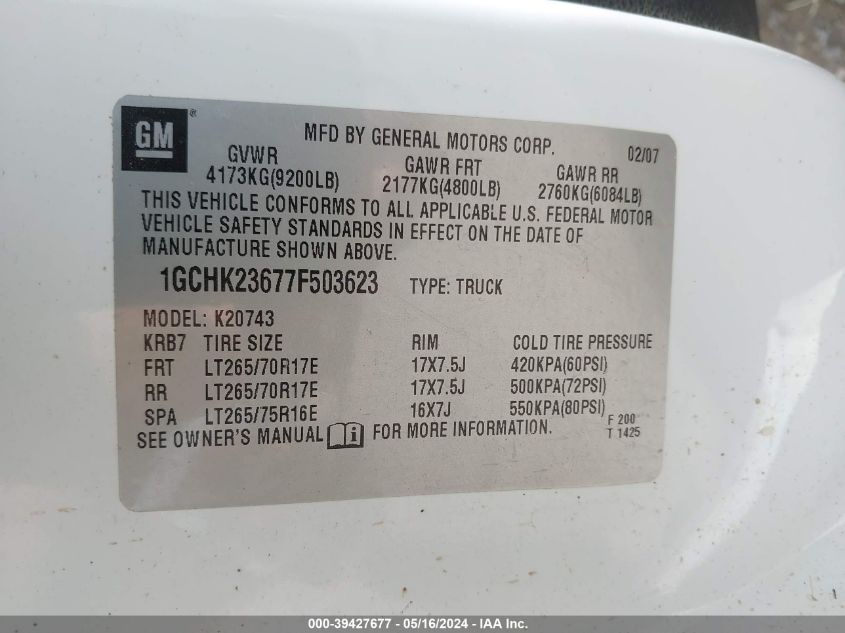 2007 CHEVROLET SILVERADO 2500HD VIN: 1GCHK23677F503623