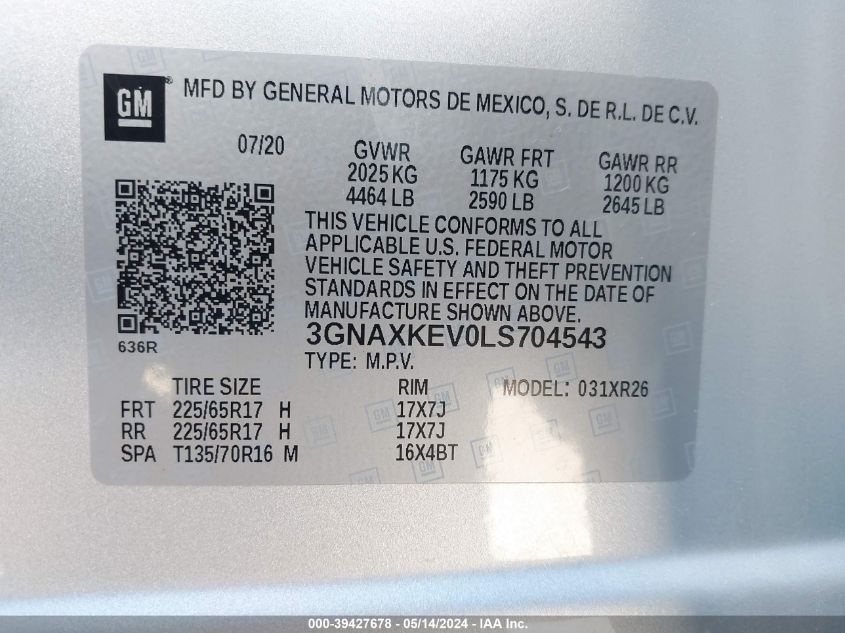 2020 Chevrolet Equinox Fwd Lt 1.5L Turbo VIN: 3GNAXKEV0LS704543 Lot: 39427678