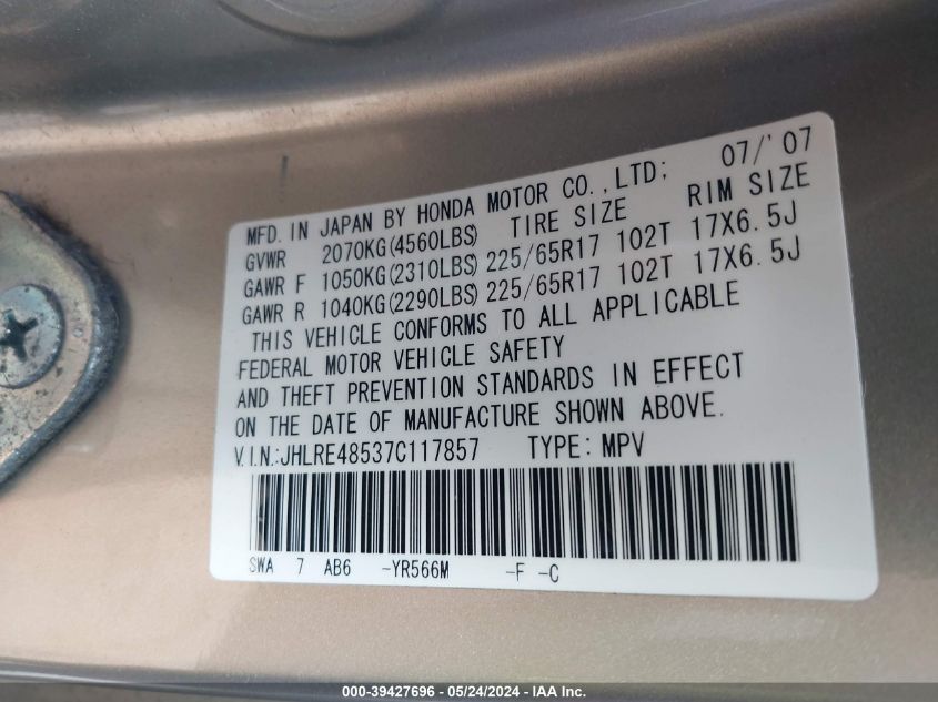 2007 Honda Cr-V Ex VIN: JHLRE48537C117857 Lot: 39427696