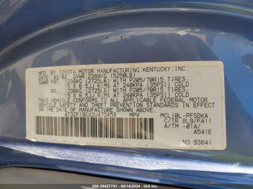 2002 Toyota Sienna Ce VIN: 4T3ZF19CX2U473458 Lot: 39427701