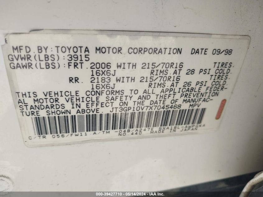 1999 Toyota Rav4 VIN: JT3GP10V7X7045468 Lot: 39427710