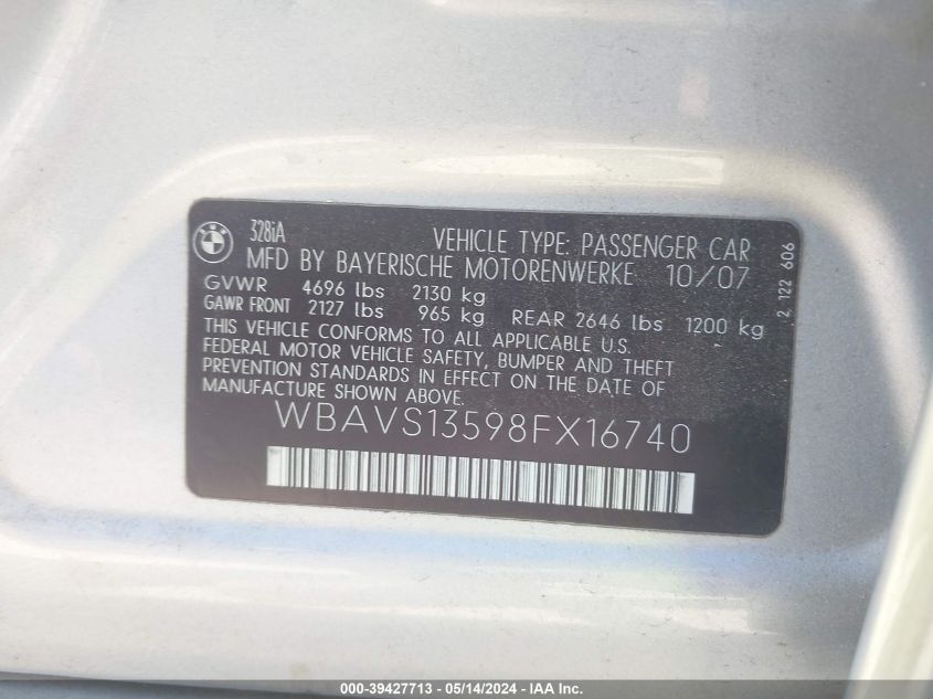 2008 BMW 328I VIN: WBAVS13598FX16740 Lot: 39427713