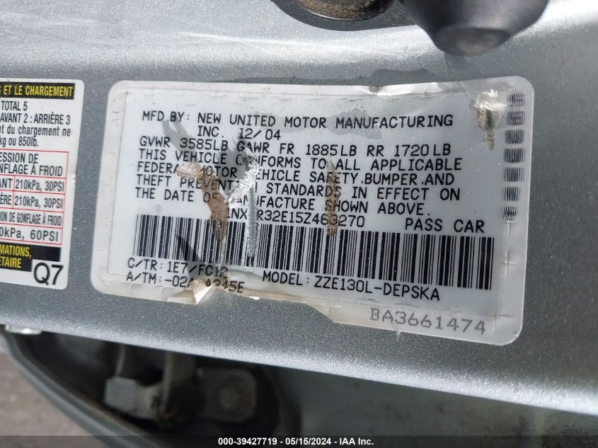 2005 Toyota Corolla S VIN: 1NXBR32E15Z463270 Lot: 39427719