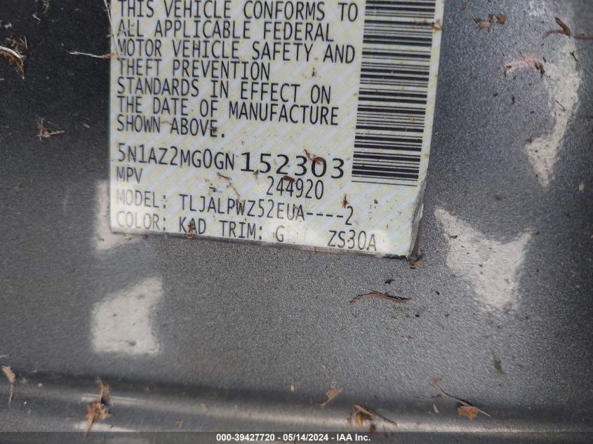 2016 Nissan Murano S VIN: 5N1AZ2MG0GN152303 Lot: 39427720