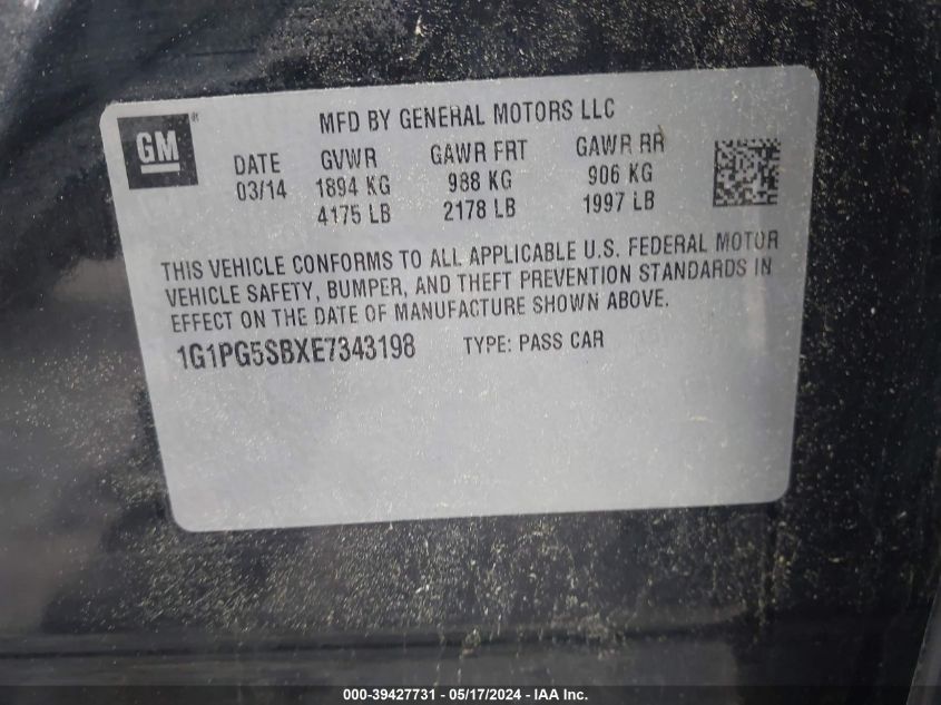 2014 Chevrolet Cruze Ltz VIN: 1G1PG5SBXE7343198 Lot: 39427731