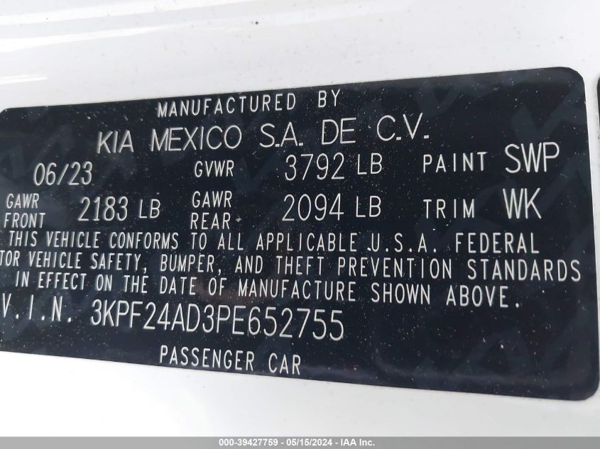 2023 Kia Forte Lxs VIN: 3KPF24AD3PE652755 Lot: 39427759