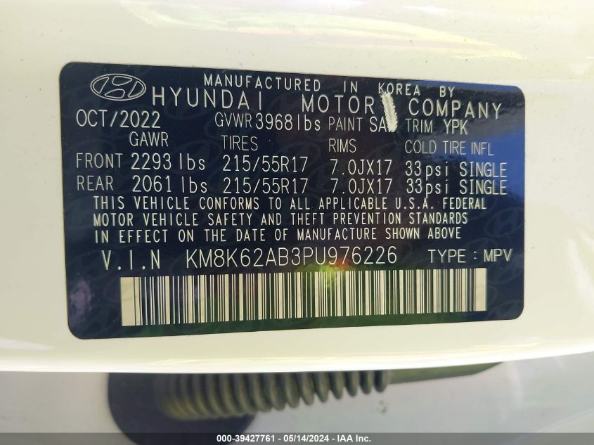 2023 Hyundai Kona Sel VIN: KM8K62AB3PU976226 Lot: 39427761