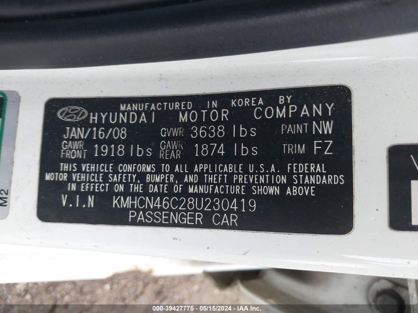 2008 Hyundai Accent Gls VIN: KMHCN46C28U230419 Lot: 39427775