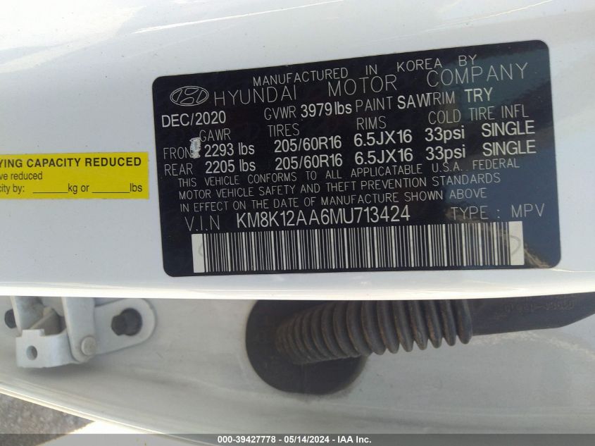 2021 Hyundai Kona Se VIN: KM8K12AA6MU713424 Lot: 39427778