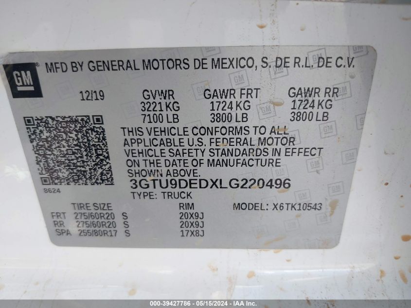 2020 GMC Sierra 1500 4Wd Short Box Slt VIN: 3GTU9DEDXLG220496 Lot: 39427786