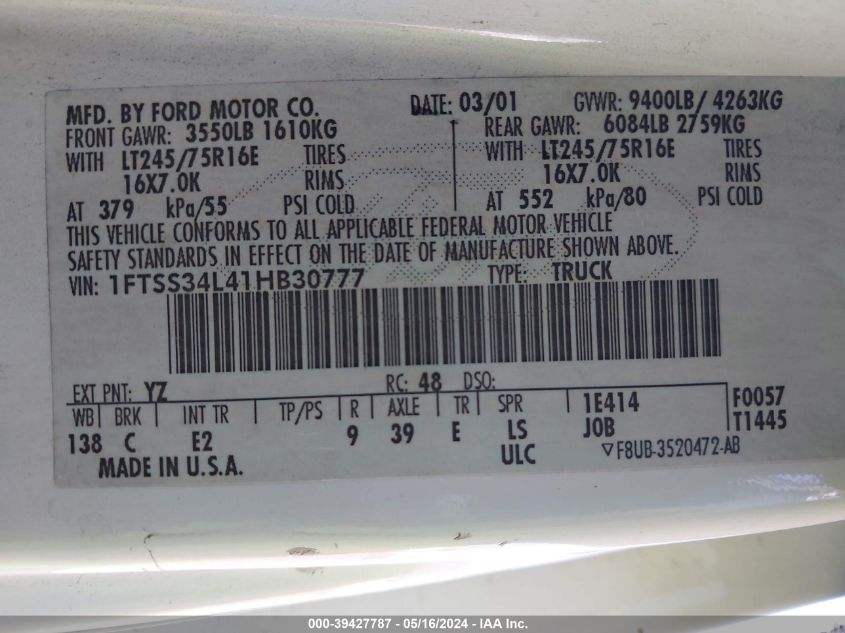 2001 Ford Econoline E350 Super Duty Van VIN: 1FTSS34L41HB30777 Lot: 39427787