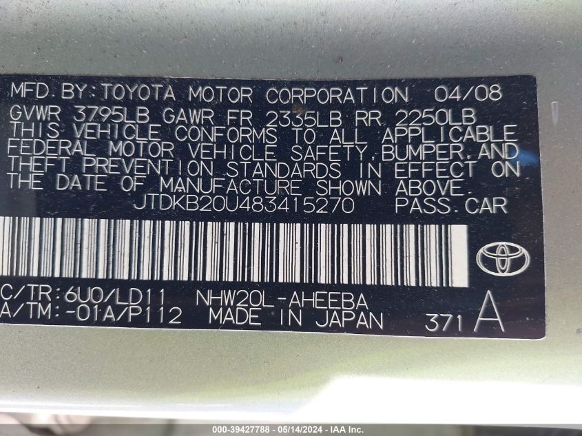 2008 Toyota Prius Base (Cvt-E) VIN: JTDKB20U483415270 Lot: 39427788