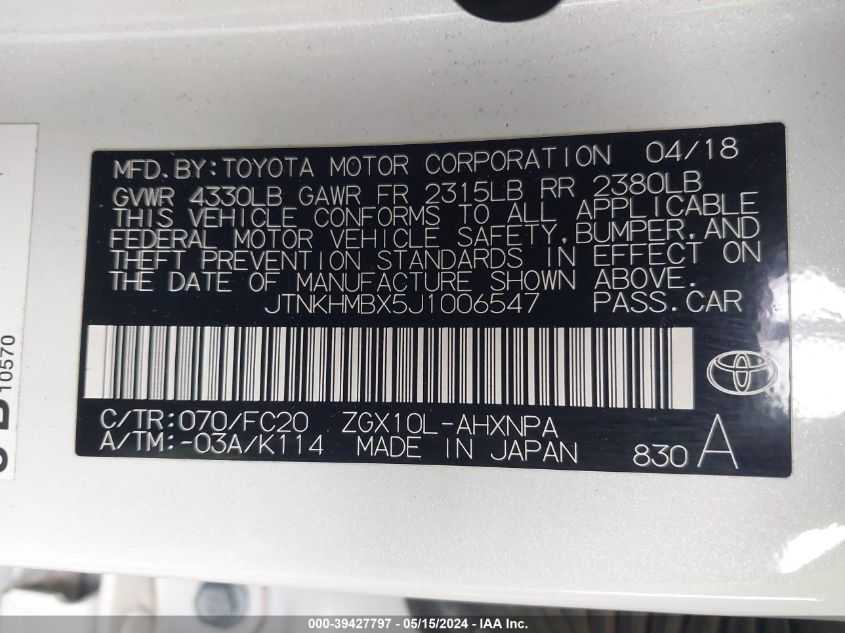 2018 Toyota C-Hr Xle Premium VIN: JTNKHMBX5J1006547 Lot: 39427797