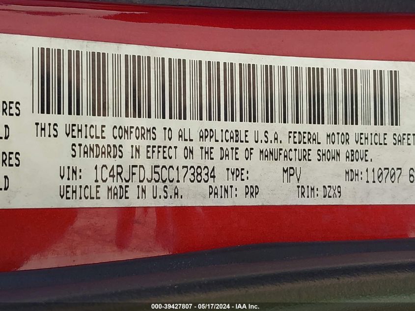 2012 Jeep Grand Cherokee Srt8 VIN: 1C4RJFDJ5CC173834 Lot: 39427807