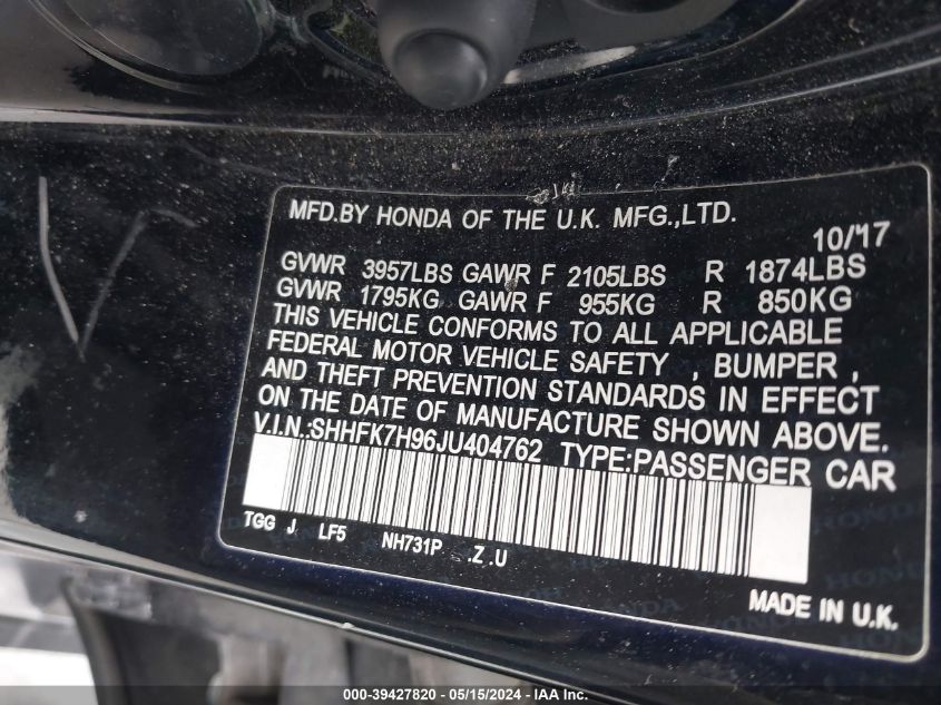 2018 Honda Civic Sport Touring VIN: SHHFK7H96JU404762 Lot: 39427820