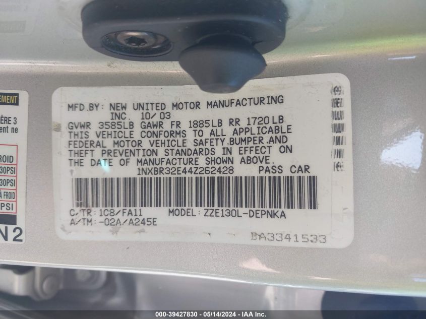 2004 Toyota Corolla Le VIN: 1NXBR32E44Z262428 Lot: 39427830