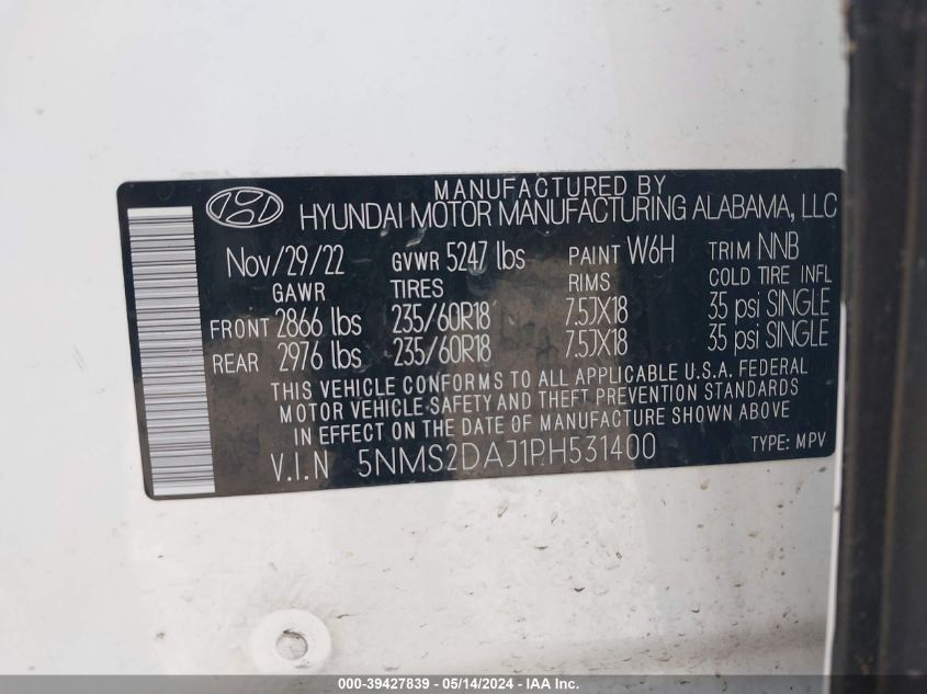 2023 Hyundai Santa Fe Sel VIN: 5NMS2DAJ1PH531400 Lot: 39427839