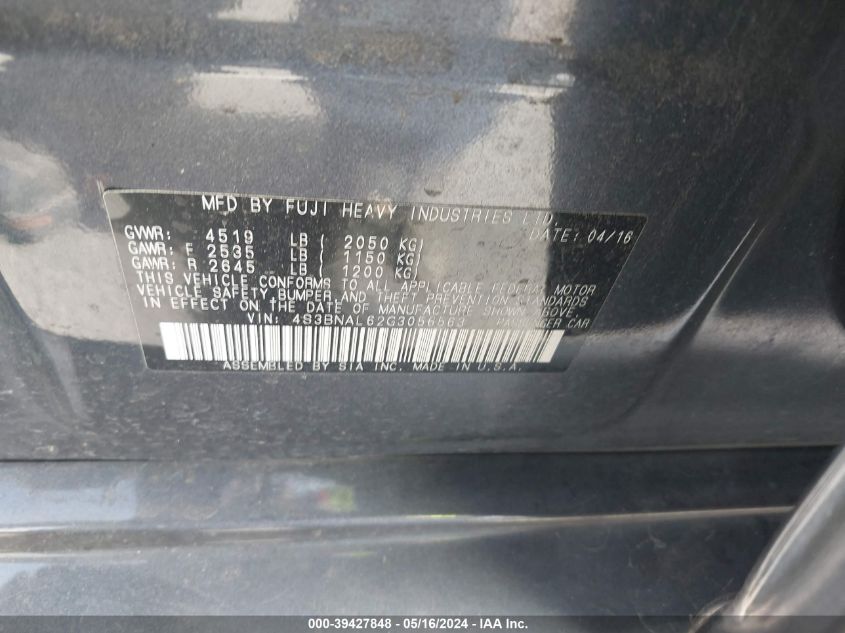 2016 Subaru Legacy 2.5I Limited VIN: 4S3BNAL62G3056563 Lot: 39427848