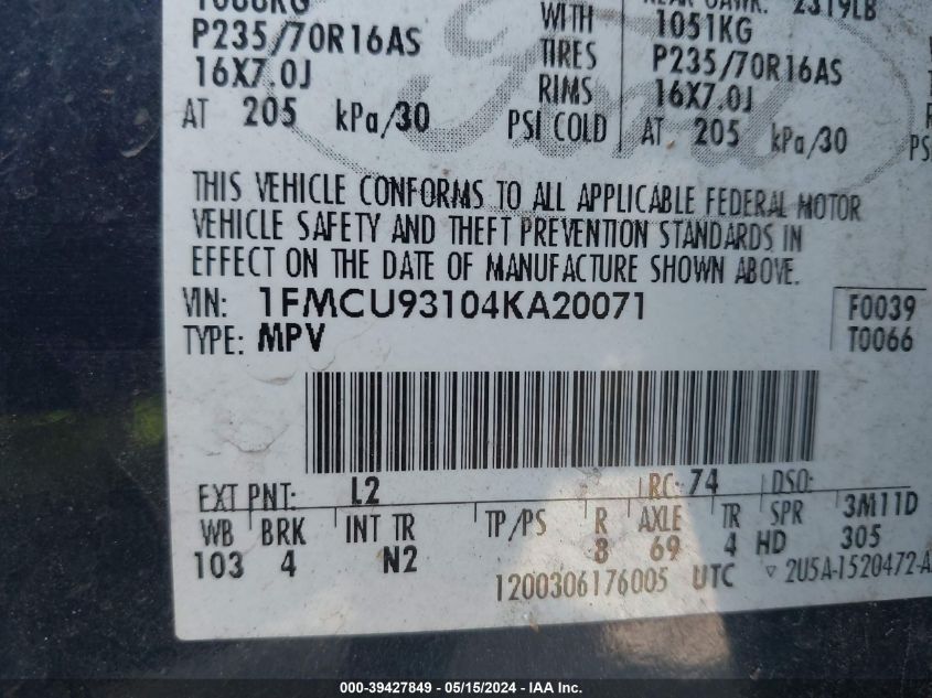 2004 Ford Escape Xlt VIN: 1FMCU93104KA20071 Lot: 39427849