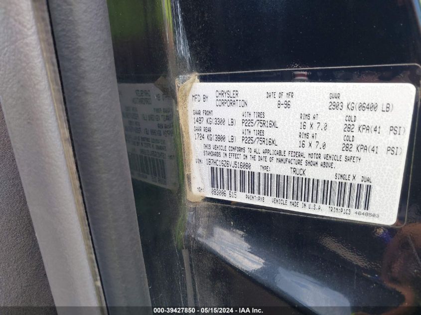 1997 Dodge Ram 1500 Lt VIN: 1B7HC16Z6VJ516080 Lot: 39427850