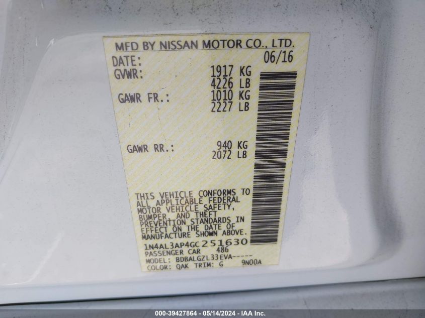 2016 Nissan Altima 2.5/2.5 S/2.5 Sl/2.5 Sr/2.5 Sv VIN: 1N4AL3AP4GC251630 Lot: 39427864