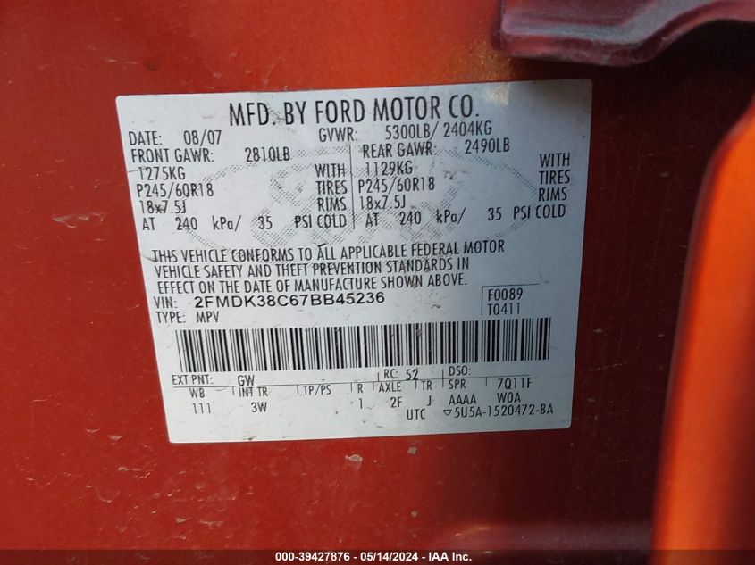 2007 Ford Edge Sel VIN: 2FMDK38C67BB45236 Lot: 39427876