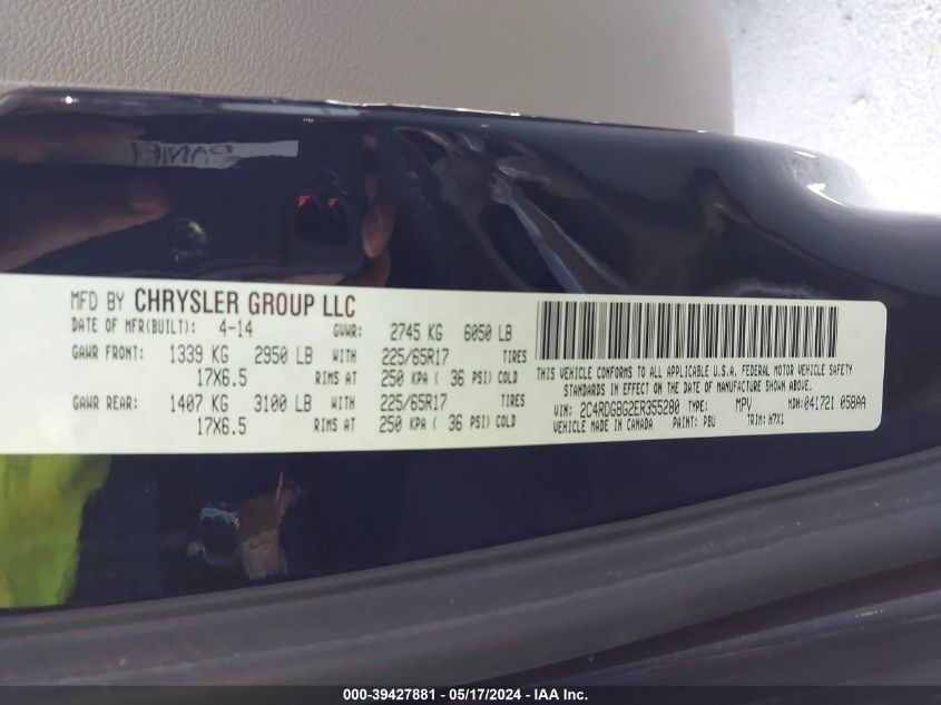 2014 Dodge Grand Caravan Se VIN: 2C4RDGBG2ER355280 Lot: 39427881