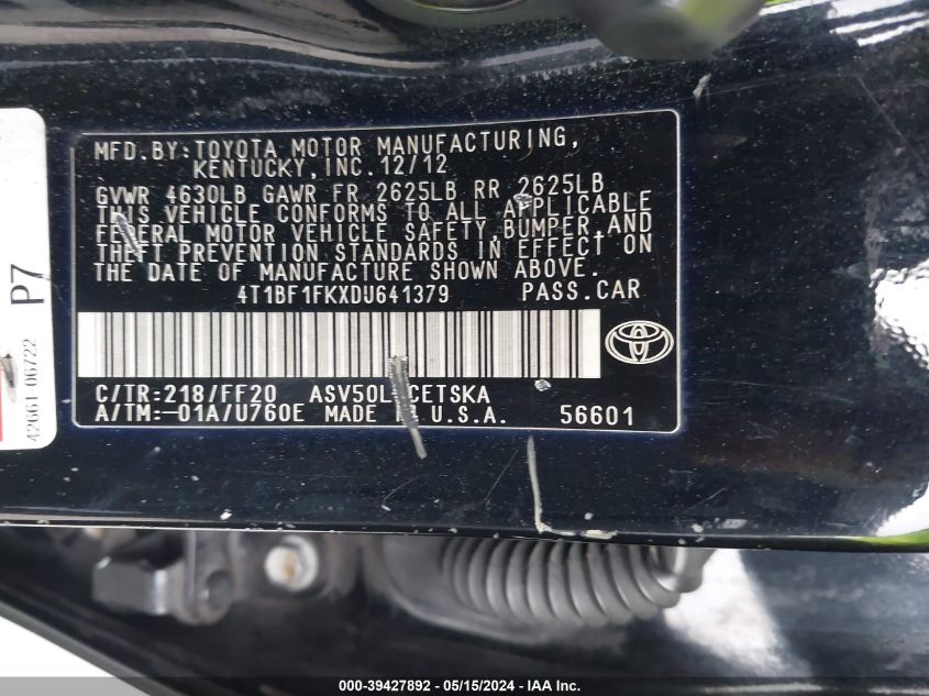 2013 Toyota Camry Se VIN: 4T1BF1FKXDU641379 Lot: 39427892